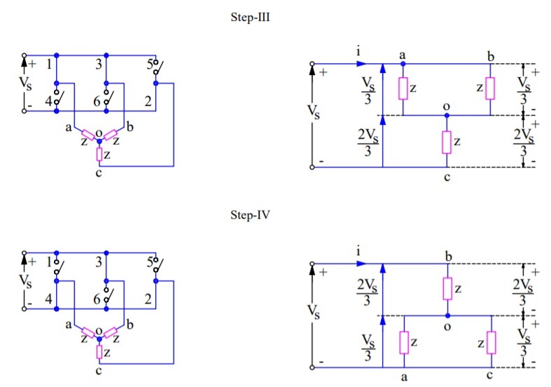 circuito equivalente para paso-III y IV de puente inversor trifásico