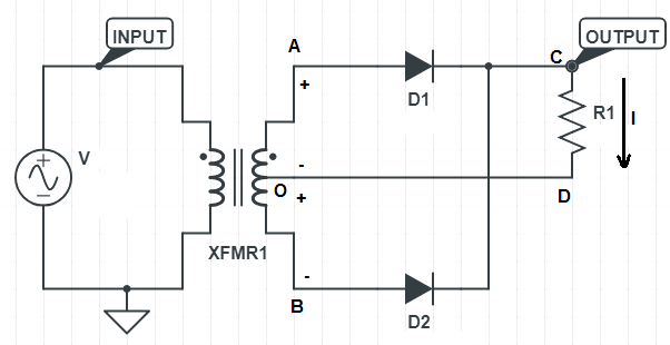 Diagrama de circuito del rectificador de onda completa con derivación central