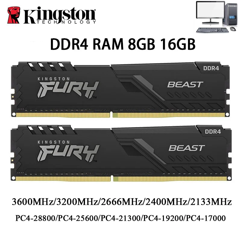 Kingston BEAST-Memoria RAM DDR4 de escritorio, 32GB, 16GB, 8GB, 3600, 3200, 2666, 2400 MHz, 288Pin, DDR4, DIMM, 1,2 V, PC4-21300, 25600, 28800