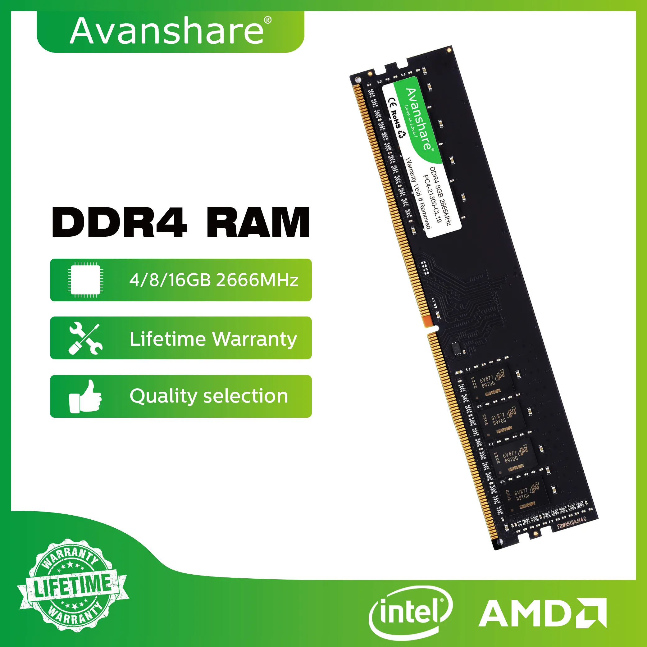 Avanshare-Memoria Ram DDR4 para ordenador de escritorio, 4GB, 8GB, 16GB, 32GB, 2400MHz, 2666MHz, 3200MHz, 288Pin, Intel, AMD